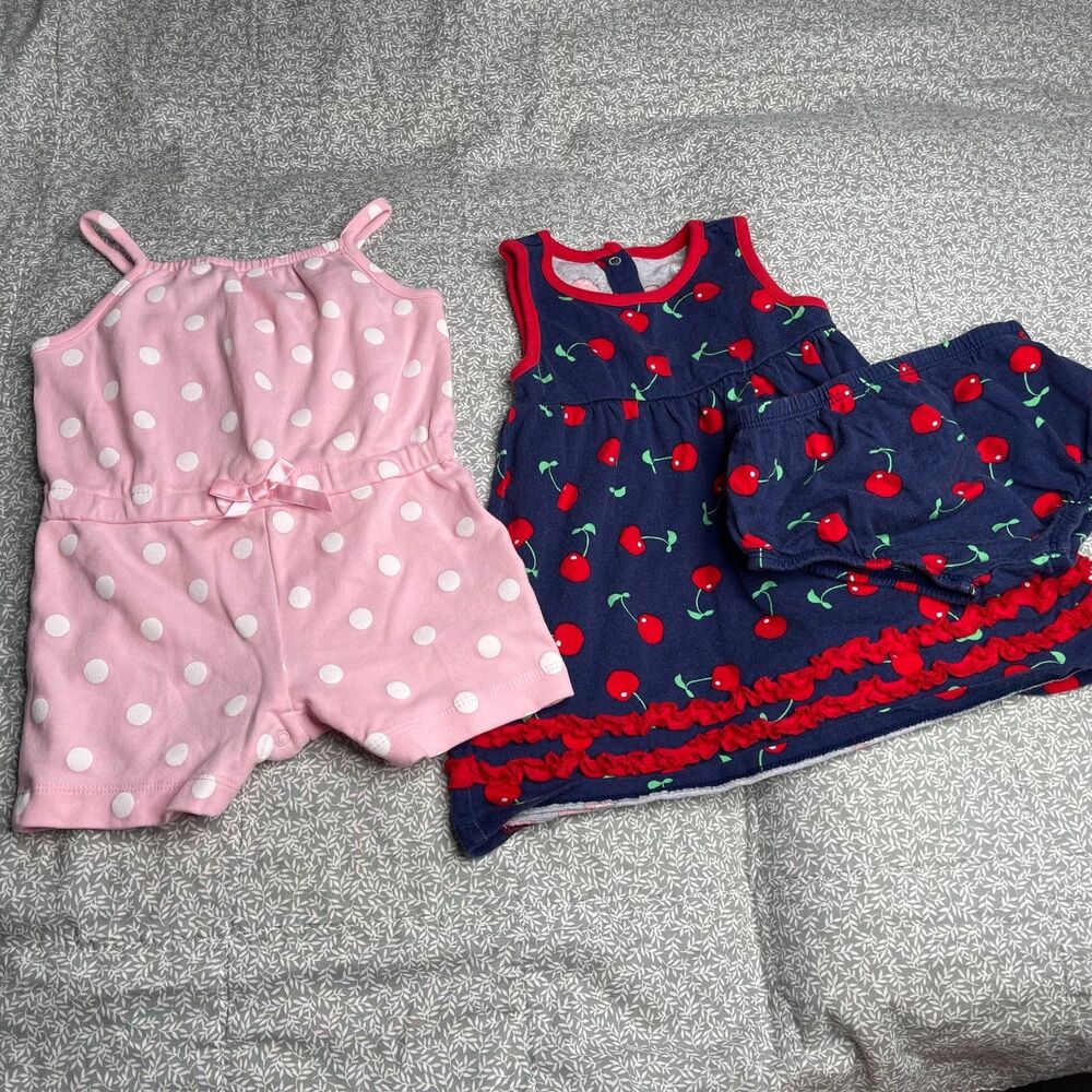 Lot of 2 Rompers Polka Dots/Cherries Size 12 Months Spring Summer Vacation